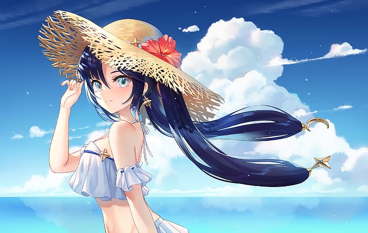 Genshin Impact, Mona (Genshin Impact), straw hat, swimwear, clouds, water, HD wallpaper