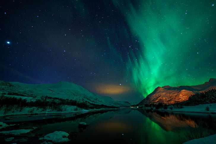 lanscape photography of body of water near mountain during Aurora borealis, car, photography, body of water, mountain, Aurora borealis, E10, Green  Lake, Lake District, Lights, Lofoten Islands, Sony A7rii, Reflection, star - Space, night, astronomy, galaxy, nature, milky Way, nebula, constellation, landscape, aurora Polaris, sky, space, HD wallpaper