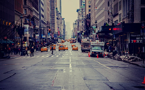 жълти коли, Ню Йорк, трафик, улица, такси, HD тапет HD wallpaper