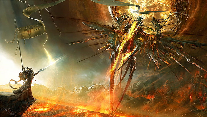 dragão e pessoa segurando lança papel de parede digital, Diablo III, anjo, demônio, arte da fantasia, arte dos fãs, fogo, HD papel de parede
