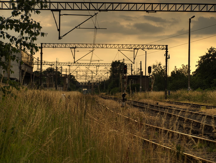 السكك الحديدية ، والسكك الحديدية ، وخطوط الكهرباء ، في الهواء الطلق ، والعشب ، والعشب الجاف، خلفية HD