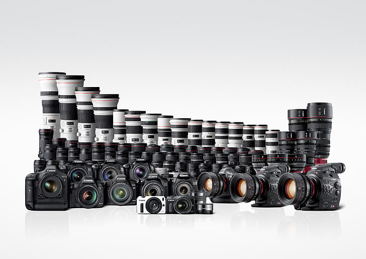 czarna lustrzanka cyfrowa dużo, tapeta, białe tło, Canon, aparaty, EOS, obiektywy, kamera, Tapety HD