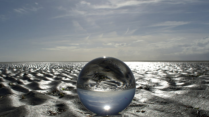water, sea, sky, reflection, shore, horizon, reflected, calm, wave, cloud, sphere, sand, glass ball, crystal ball, ball, HD wallpaper