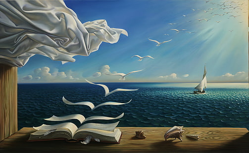 white book page illustration, digital art, fantasy art, nature, painting, sea, seashell, table, wood, curtains, feathers, clouds, Sun, sunlight, sailing ship, books, birds, flying, surreal, HD wallpaper HD wallpaper