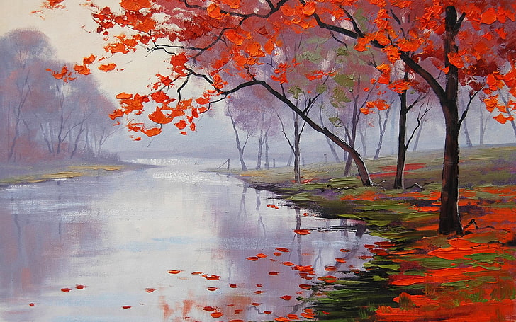 Рисование лиственных лесов, красные лиственные деревья возле реки иллюстрации, искусство и творчество,, дерево, искусство, осень, лес, HD обои