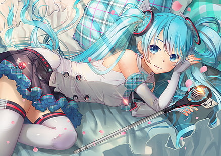 Hatsune Miku Illustration, Hatsune Miku, Aquahaar, Twintails, Vocaloid, Schenkelstrümpfe, HD-Hintergrundbild HD wallpaper