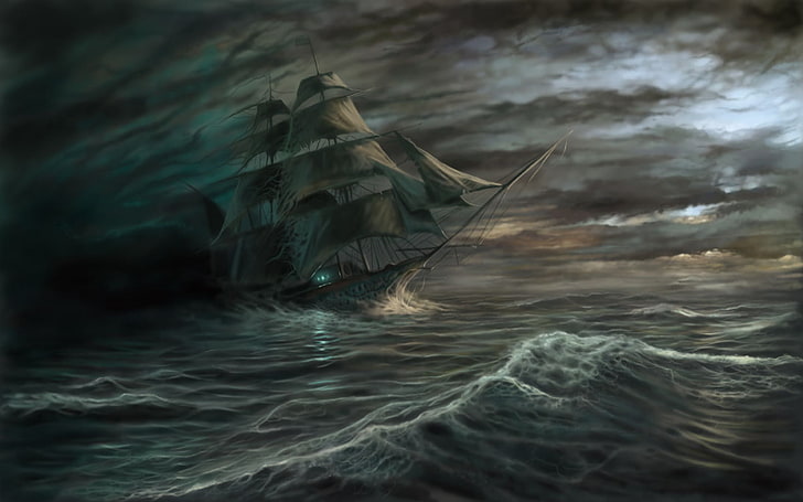 ilustracja statku galeon, morze, fala, chmury, burza, statek, duch, Tapety HD