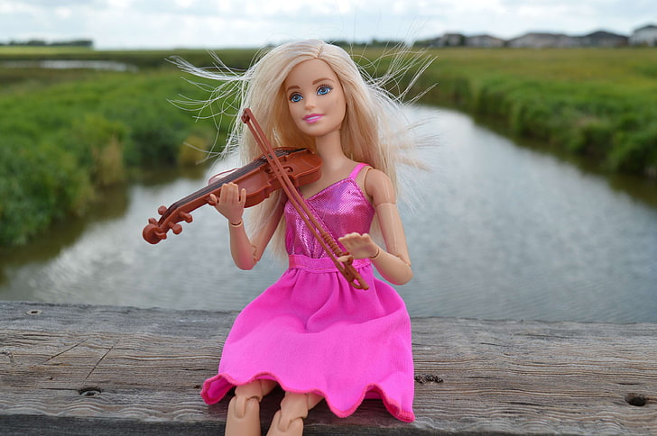 barbie, blonde, doll, dress, instrument, music, musical, musician, pink, play, playing, toy, violin, HD wallpaper