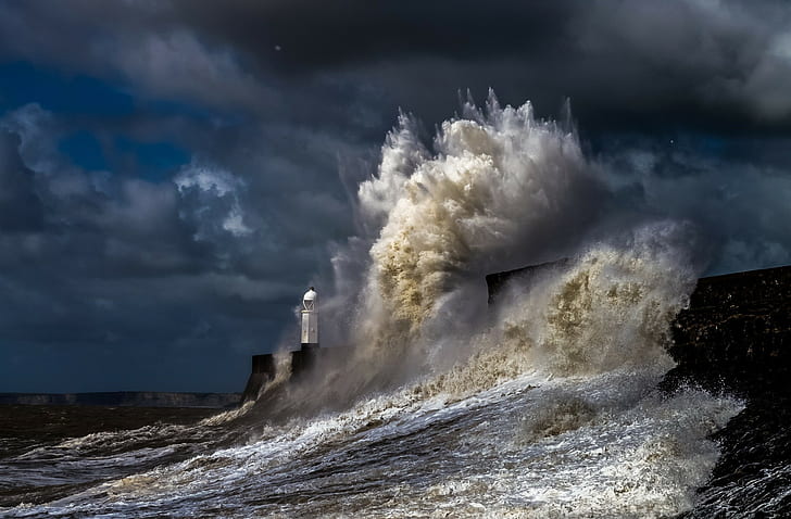 Sea, storm, lighthouse, water, nature, coast, HD wallpaper ...