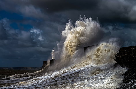 mare, tempesta, faro, acqua, natura, costa, Sfondo HD HD wallpaper