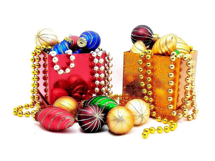 стеклянные безделушки различного цвета, рождественские украшения, разнообразие, шкатулки для драгоценностей, HD обои