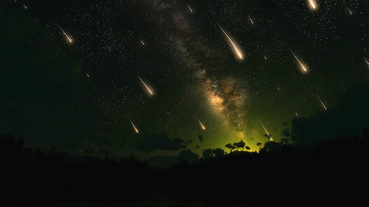 метеориты цифровые обои, цифровое искусство, падающие звезды, звездные тропы, звезды, космос, лес, ночь, HD обои