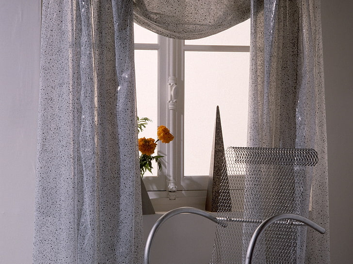 cortina de ventana blanca y sillón plateado, silla, ventana, cortina, luz, Fondo de pantalla HD