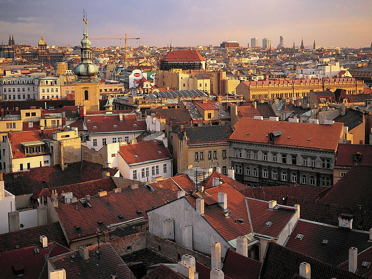 Praga, Czechy, dachy, pejzaż miejski, widok z lotu ptaka, miasto, Tapety HD