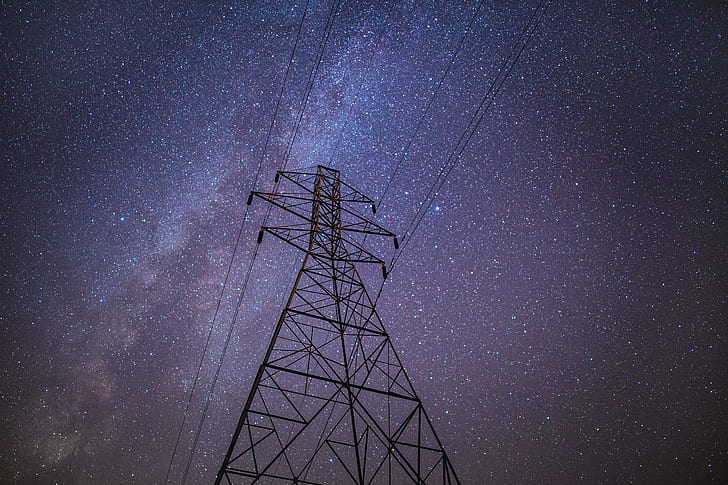 electrical tower, high-voltage, starry sky, wires, electricity, voltage, night, HD wallpaper