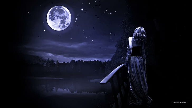 Ходене в лунната светлина, ходене, фантазия, синьо, лунна светлина, дама, нощ, 3d и абстрактно, HD тапет