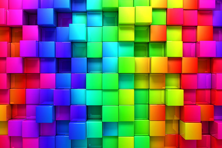 blocks, rainbow, 3d graphics, background, pink blue green yellow and purple box graphic, blocks, rainbow, 3d graphics, background, HD wallpaper