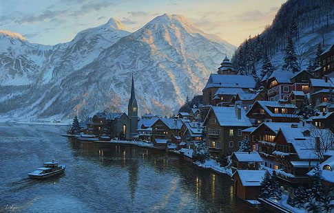 Eugeny Lushpin - Hallstatt, ภูเขา, eugene lushpin, โบสถ์, ทะเลสาบ, ภูเขา, เทือกเขาแอลป์, eugeny lushpin, Hallstatt, lushpin, หมู่บ้าน, วอลล์เปเปอร์ HD HD wallpaper