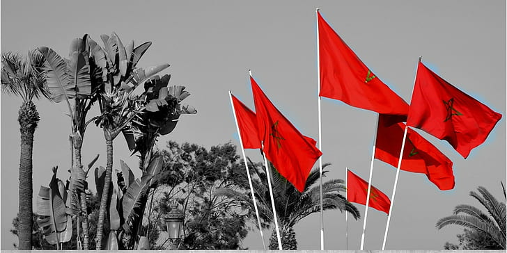 Марокко, флаг, красный, выборочная окраска, HD обои