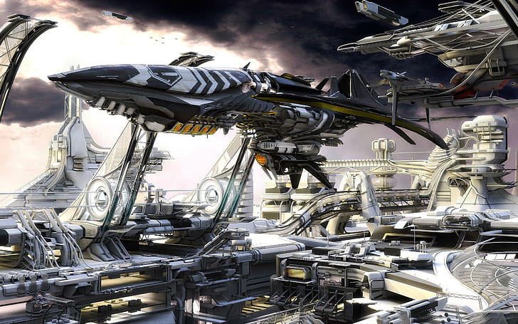 Amarrage de vaisseaux spatiaux, illustration d'un avion noir, fantaisie, 2560x1600, vaisseau spatial, dock, Fond d'écran HD