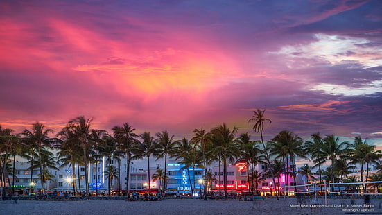 Miami Beach Architectural District at Sunset, Florida, North America, HD wallpaper HD wallpaper