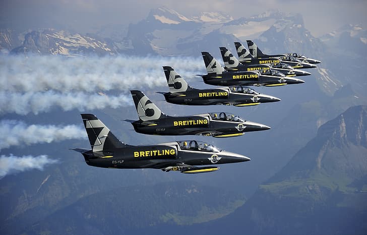 the plane, Mountains, Jet, Breitling, Breitling Jet Team, L-39 Albatros, HD wallpaper