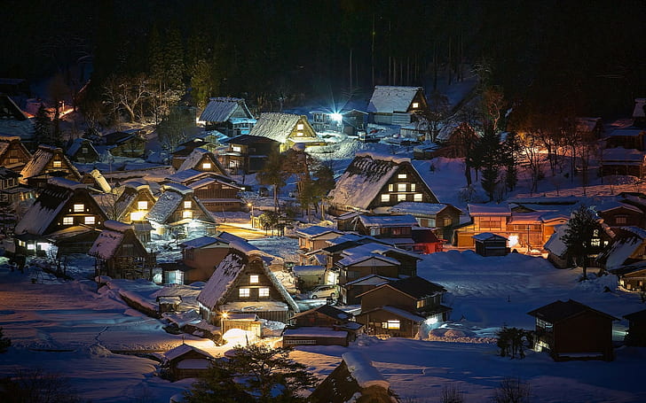 landscape nature village lights japan snow winter night trees house shirakawa go, HD wallpaper