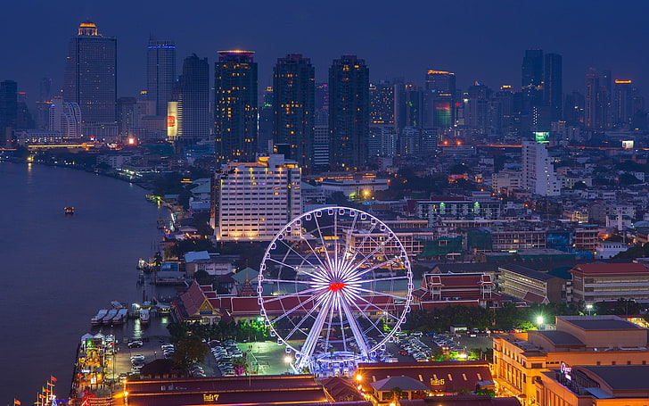 Thailandia, paesaggio urbano, luci della città, costa, ruota panoramica, edificio, Sfondo HD