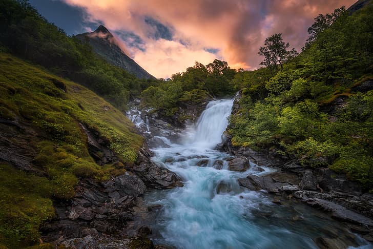 Berge, Fluss, Vegetation, Wasserfall, Norwegen, Stryn, HD-Hintergrundbild
