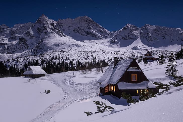 winter, snow, mountains, house, Tatra National Park, Slovakia, Tatras, Tatra Mountains, Татранский национальный парк, HD wallpaper