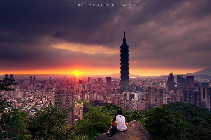 man and woman sitting on the top of a hill, Sunset, man and woman, top, hill, Twilight, Taipei  101, 夕陽, 象山, gear, me, cityscape, asia, urban Skyline, famous Place, tower, architecture, china - East Asia, mountain Peak, skyscraper, urban Scene, mountain, city, HD wallpaper