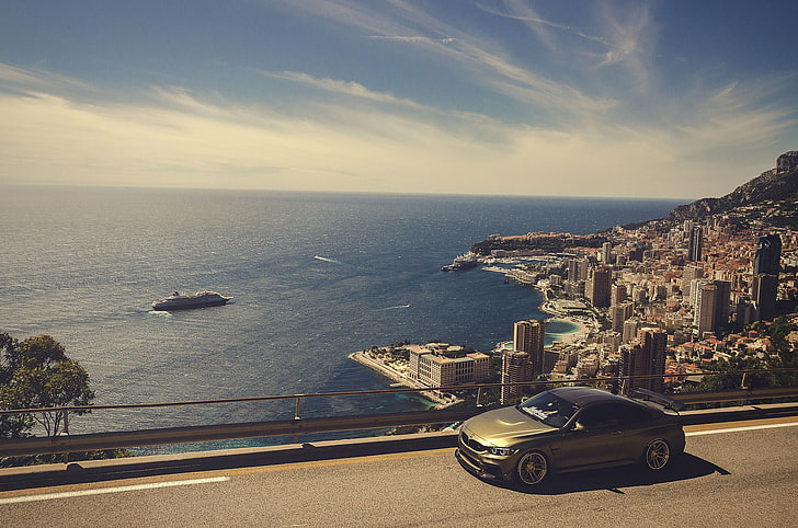 Monaco, sea, car, road, sky, clouds, BMW, BMW M4, HD wallpaper