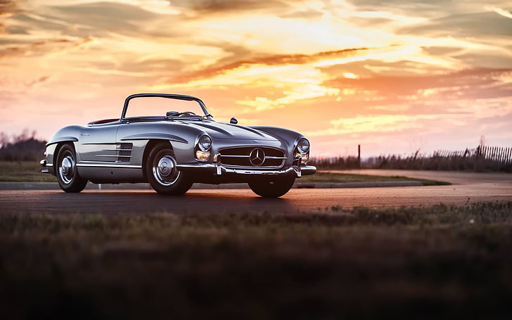 vintage silver Mercedes-Benz convertible, car, classic, retro, mercedes 300sl, HD wallpaper