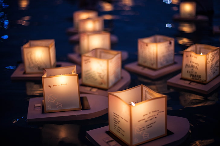 square candle holder lot, on the water, Chinese, paper, Lanterns, HD wallpaper