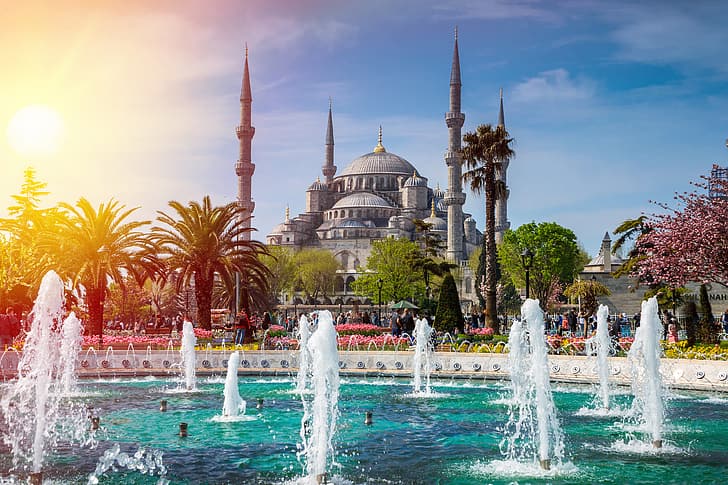 Istambul, Turquia, Mesquita Azul, cidade, jardim, céu, luz do sol, HD papel de parede