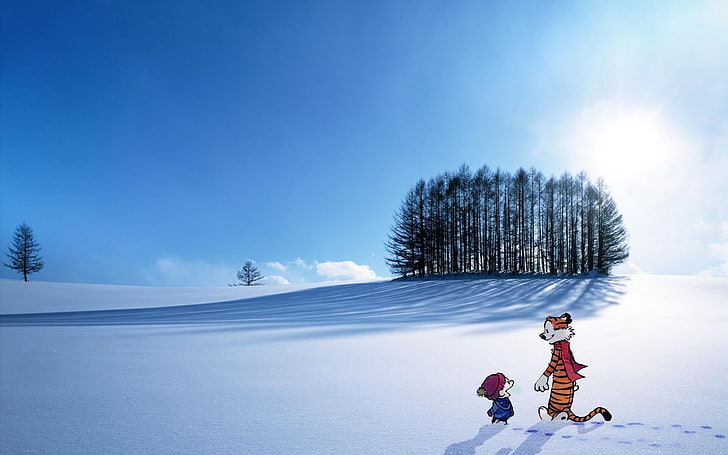 weiße und schwarze abstrakte Malerei, Calvin und Hobbes, Landschaft, Schnee, HD-Hintergrundbild
