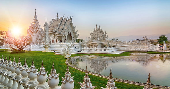 white concrete castle, Thailand, Thai, temple, Sun, sky, white, green, water, building, architecture, Asian architecture, traditional art, HD wallpaper HD wallpaper