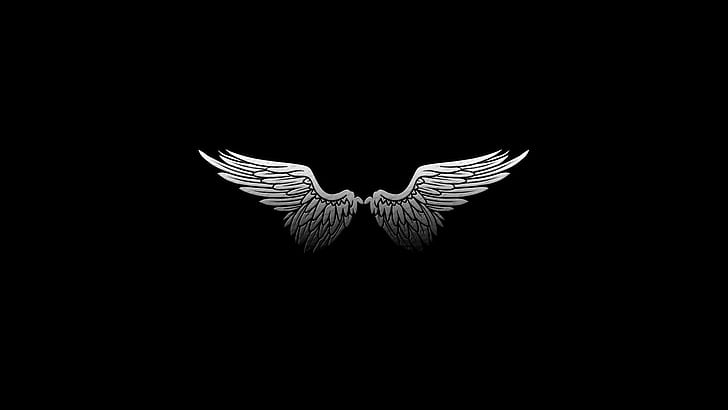 black background digital art minimalism wings feathers angel monochrome white, HD wallpaper