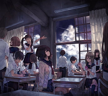 Аниме, оригинал, момче, класна стая, облак, момиче, дълга коса, училищна униформа, къса коса, небе, HD тапет HD wallpaper