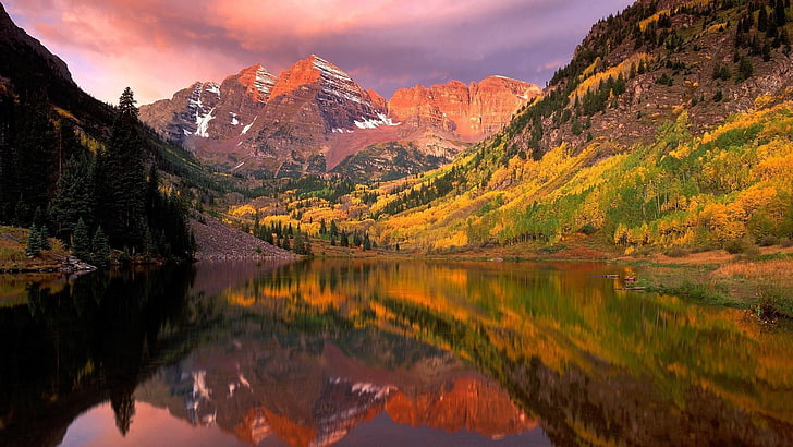 lago cerca de fondo de pantalla digital de montaña, paisaje, naturaleza, campanas de color marrón, Colorado, montañas, lago, reflexión, otoño, Fondo de pantalla HD
