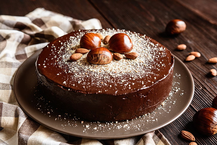 cake, food, nuts, chocolate cake, chestnut, dessert, HD wallpaper