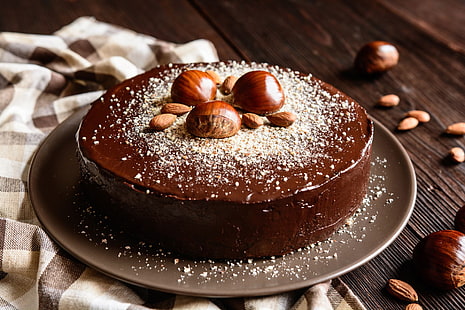 cake, food, nuts, chocolate cake, chestnut, dessert, HD wallpaper HD wallpaper