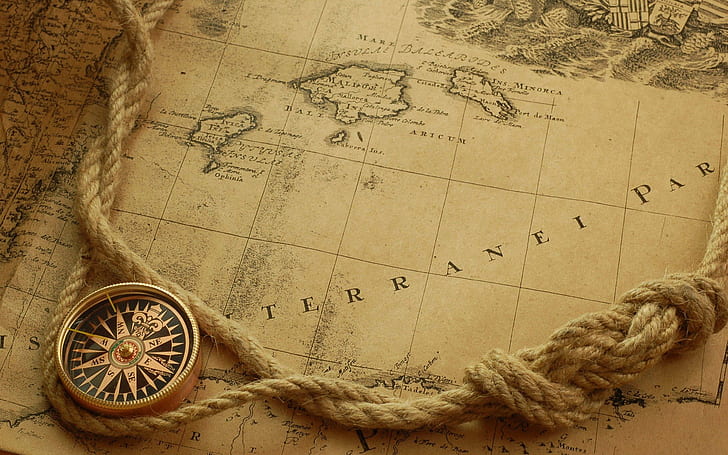 compass, map, Old Map, ropes, HD wallpaper