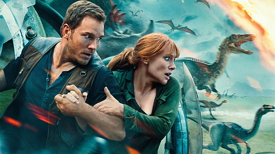 Ilustracja klipu filmowego Jurassic Park, Jurassic World: Fallen Kingdom, Chris Pratt, Bryce Dallas Howard, dinozaur, 5k, Tapety HD HD wallpaper