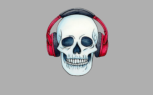 crânio usando fones de ouvido ilustração crânio crânio minimalismo cabeça esqueleto saquê, HD papel de parede HD wallpaper