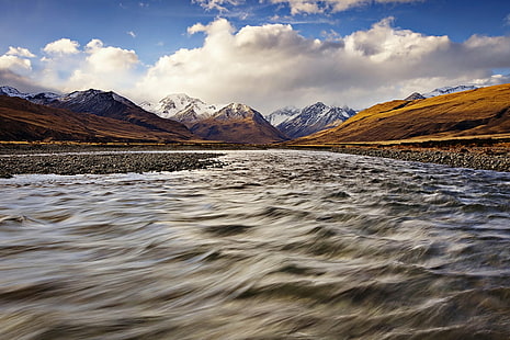 scenery of sea with mountains during daytime, fast, scenery, sea, daytime, lake tekapo, New Zealand  South  Island, South Island NZ, Sibbald, Mountains, Clouds, river, stream, gorge, running  water, Waterscape, landscape, nature, mountain, lake, scenics, outdoors, himalayas, mountain Range, sky, snow, travel, ladakh Region, HD wallpaper HD wallpaper