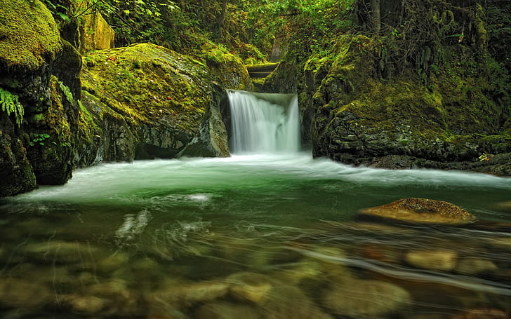 nature, waterfall, creeks, long exposure, moss, rocks, HD wallpaper