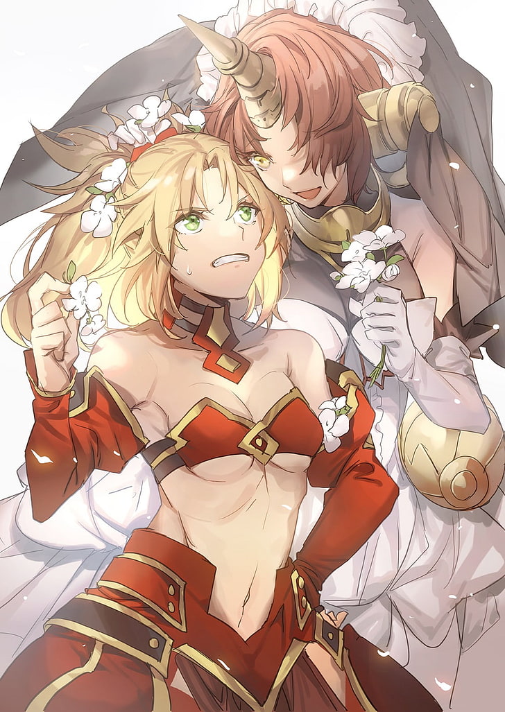 Fate Series, Fate / Apocrypha, Fate / Grand Order, аниме-девушки, Sabre of Red, Berserker of Black, Mordred (Fate / Apocrypha), Frankenstein (Fate / Apocrypha), светлые волосы, розовые волосы, цветок, HD обои, телефон обои