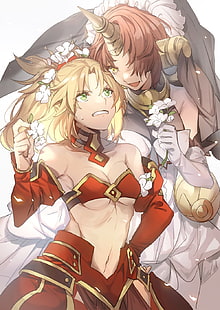 Fate Series, Fate / Apocrypha, Fate / Grand Order, аниме-девушки, Sabre of Red, Berserker of Black, Mordred (Fate / Apocrypha), Frankenstein (Fate / Apocrypha), светлые волосы, розовые волосы, цветок, HD обои HD wallpaper
