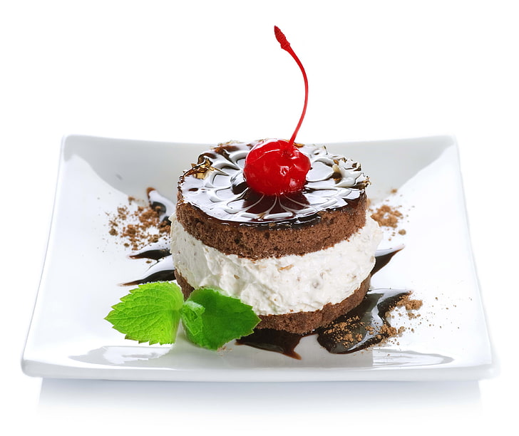 chocolate coated cake, cake, cherries, tail, plate, white, chocolate, cream, HD wallpaper